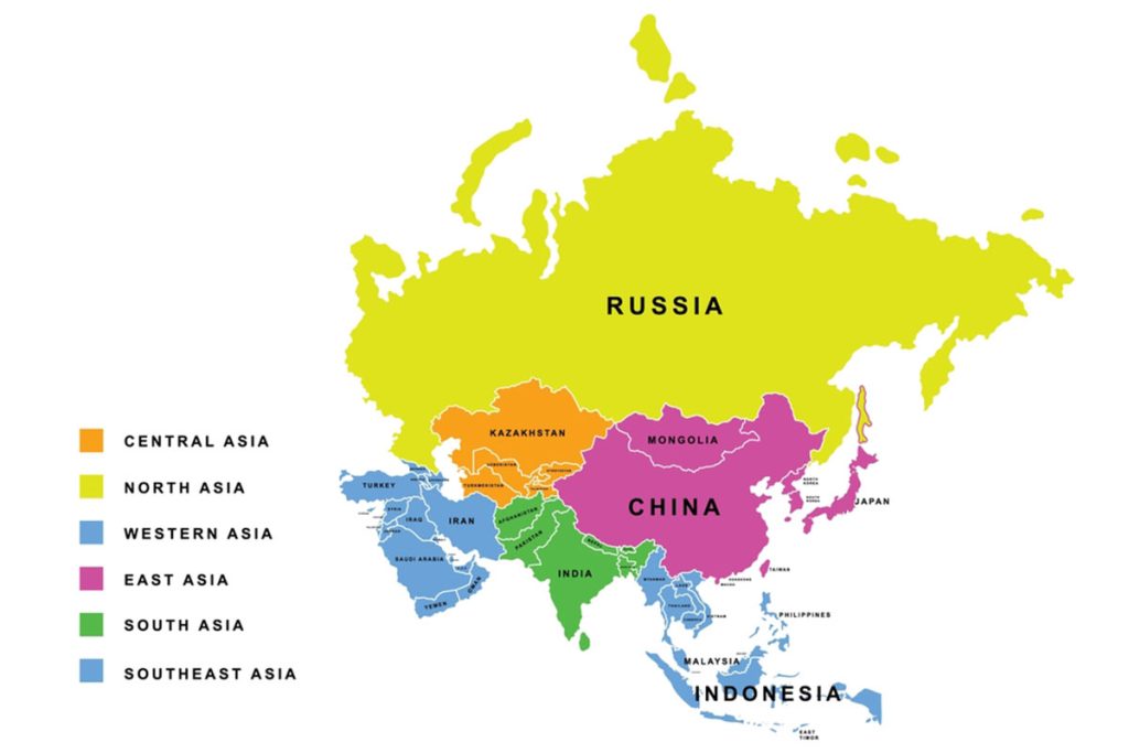 Color-coded political map of Asia highlighting regions including Central Asia, South Asia, East Asia, and Southeast Asia representing market coverage of Himalayan salt exporters.