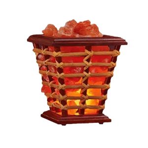 wooden basket lamp with chunks of himalayan salt