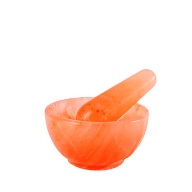 Round Himalayan pink salt mortar and pestle made from genuine Himalayan rock salt. Ideal for crushing herbs, spices, and dry seasonings.