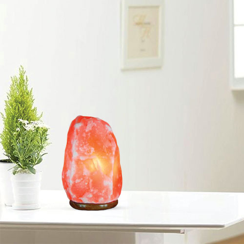 Handcrafted Himalayan natural salt lamp glowing warmly on a white table beside a small plant, supplied by a Himalayan rock salt manufacturer