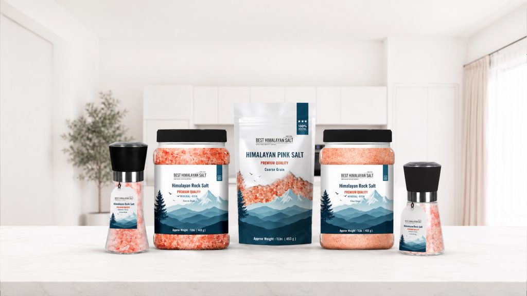 A display of various packaging options like glass grinders and salt pouches produced by Private Label Manufacturers for the Best Himalayan salt brands.