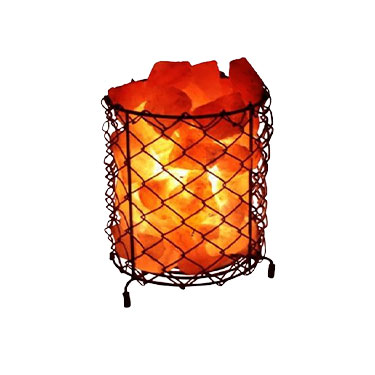 Round Iron Basket Salt Lamp made with natural Himalayan pink salt crystals, ideal for Himalayan pink salt lamp wholesale buyers.