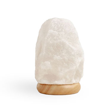 White Himalayan salt lamp handcrafted from genuine Himalayan salt, also available as a natural gray Himalayan salt lamp for homes, spas, offices, and retail businesses.