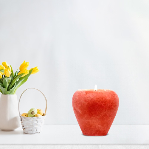 Pink Himalayan Salt Candle Holder handcrafted from natural rock salt with a tea light candle for home décor and gifting.