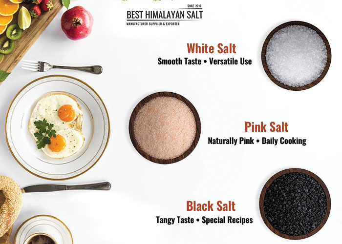 Edible Himalayan Salt in white, pink, and black salt varieties for cooking and daily use.